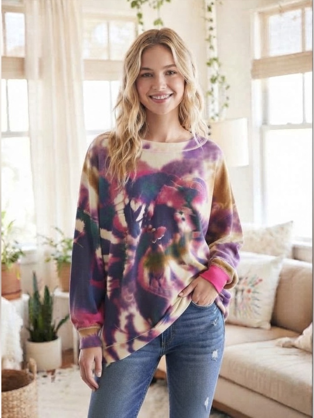 NATURAL LIFE Taylor BOHO Oversized Cotton Tie Dye Tunic Sweater L/XL